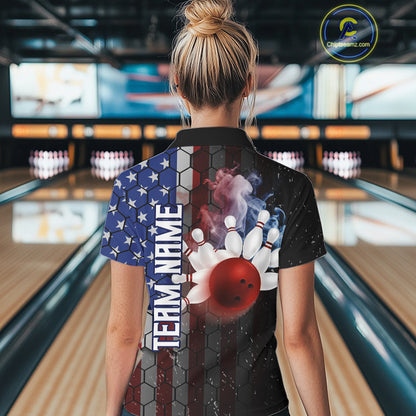 Smoke American Flag Vintage Women Bowling Polo, 1/4 Zip Shirts Custom Patriotic Bowling Team jerseys NQS9802