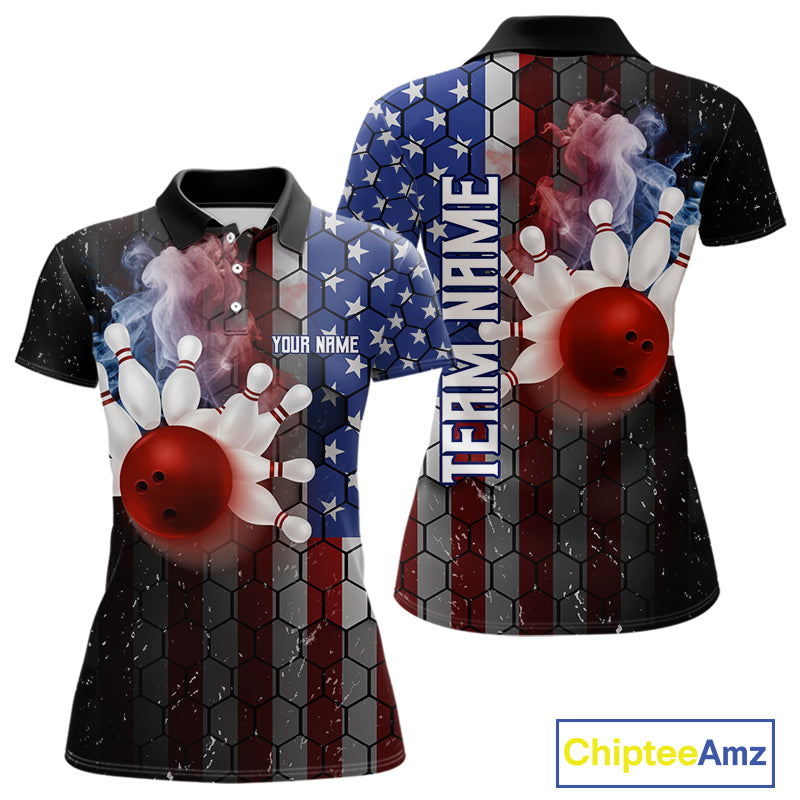 Smoke American Flag Vintage Women Bowling Polo, 1/4 Zip Shirts Custom Patriotic Bowling Team jerseys NQS9802