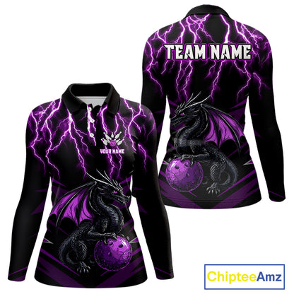Black & Purple Lightning Thunder Dragon Women Bowling Shirts Custom Dragon Bowling Team Shirt Uniform NQS9805