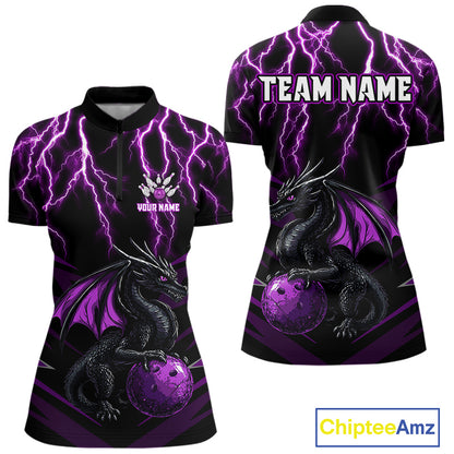 Black & Purple Lightning Thunder Dragon Women Bowling Shirts Custom Dragon Bowling Team Shirt Uniform NQS9805