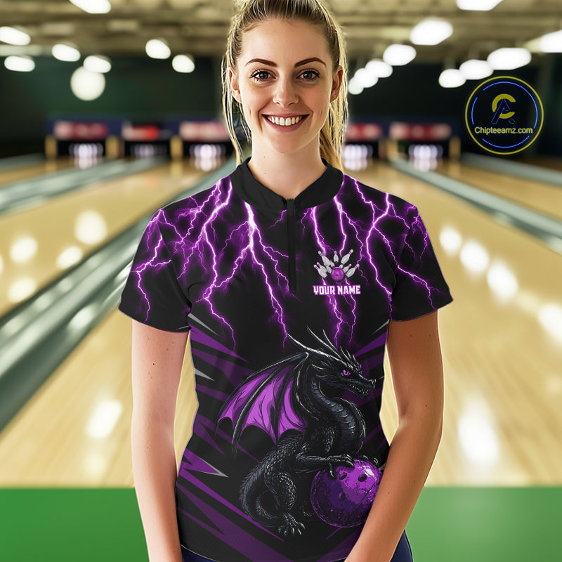 Black & Purple Lightning Thunder Dragon Women Bowling Shirts Custom Dragon Bowling Team Shirt Uniform NQS9805