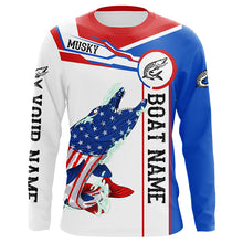 Load image into Gallery viewer, Angry Musky American flag patriotic fishing Custom name and boat name tournament fishing shirts NQS5601