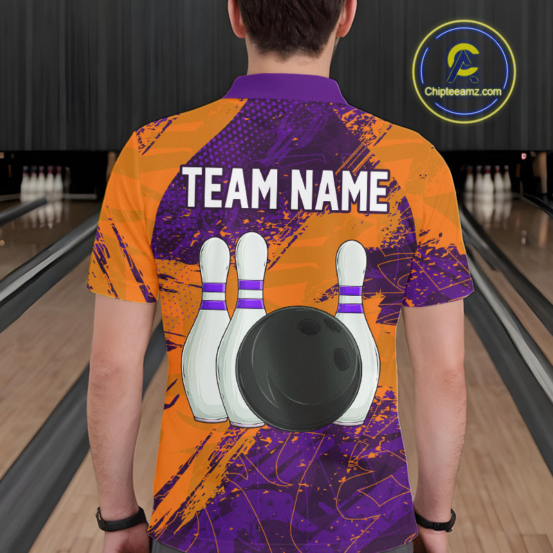 Orange & Purple Grunge Camo Heartbeat Bowling Polo, 1/4 Zip Shirt For Men Custom Bowling Team Jersey NQS10039
