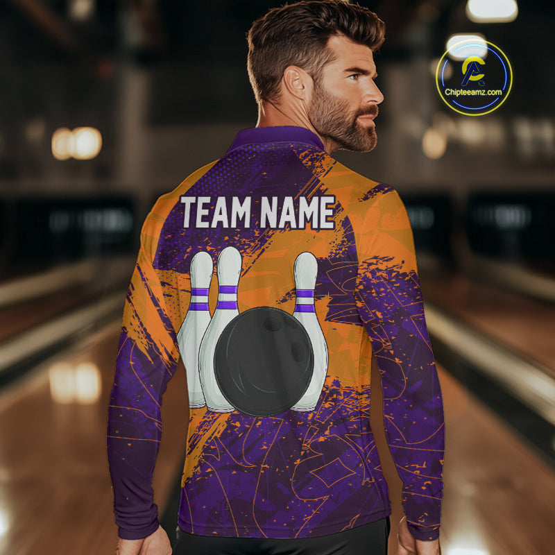 Orange & Purple Grunge Camo Heartbeat Bowling Polo, 1/4 Zip Shirt For Men Custom Bowling Team Jersey NQS10039