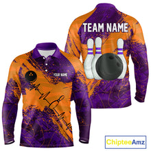 Load image into Gallery viewer, Orange &amp; Purple Grunge Camo Heartbeat Bowling Polo, 1/4 Zip Shirt For Men Custom Bowling Team Jersey NQS10039