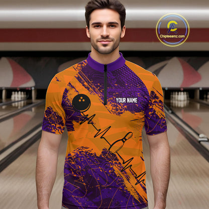 Orange & Purple Grunge Camo Heartbeat Bowling Polo, 1/4 Zip Shirt For Men Custom Bowling Team Jersey NQS10039