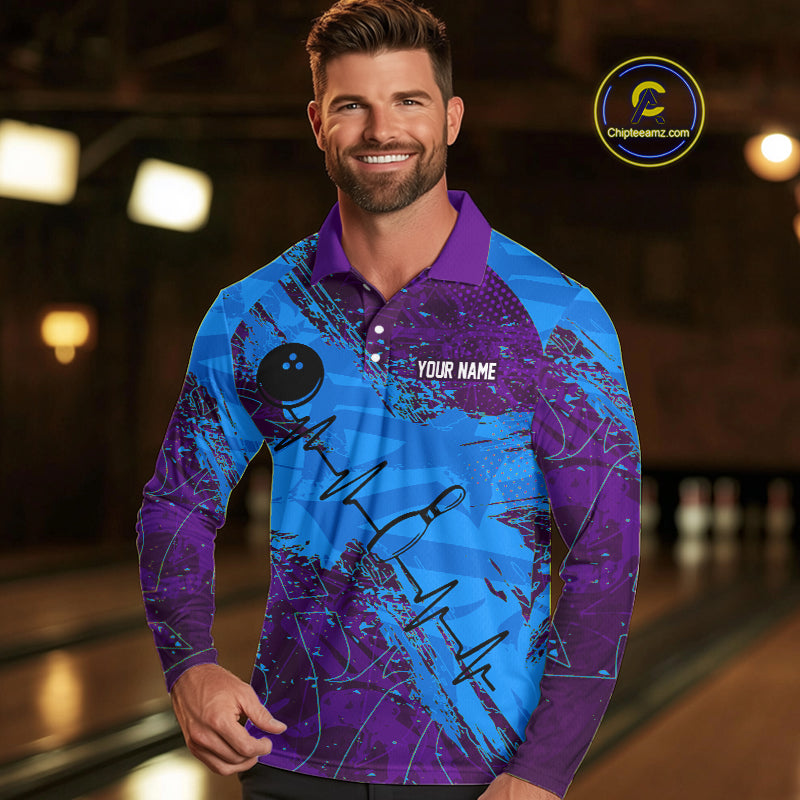 Blue and Purple Grunge Camo Heartbeat Bowling Polo, 1/4 Zip Shirt For Men Custom Bowling Team Jersey NQS10040