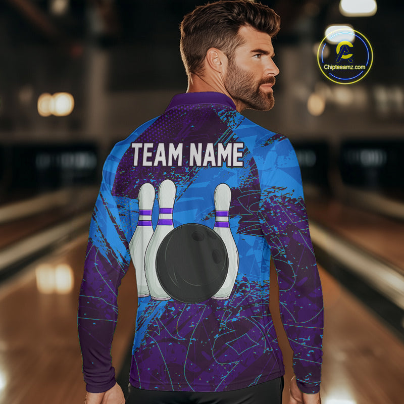 Blue and Purple Grunge Camo Heartbeat Bowling Polo, 1/4 Zip Shirt For Men Custom Bowling Team Jersey NQS10040