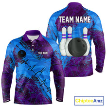 Load image into Gallery viewer, Blue and Purple Grunge Camo Heartbeat Bowling Polo, 1/4 Zip Shirt For Men Custom Bowling Team Jersey NQS10040