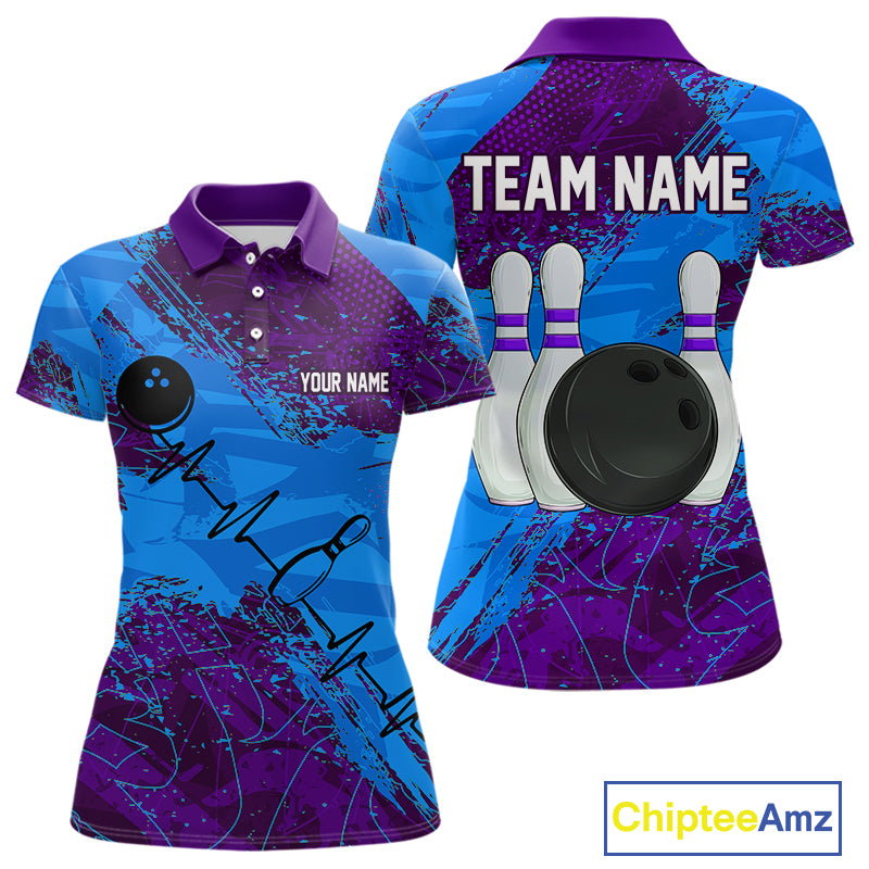 Blue and Purple Grunge Camo Heartbeat Women Bowling Polo, 1/4 Zip Shirt Custom Bowling Team Jersey NQS10040