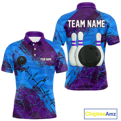 Blue and Purple Grunge Camo Heartbeat Bowling Polo, 1/4 Zip Shirt For Men Custom Bowling Team Jersey NQS10040