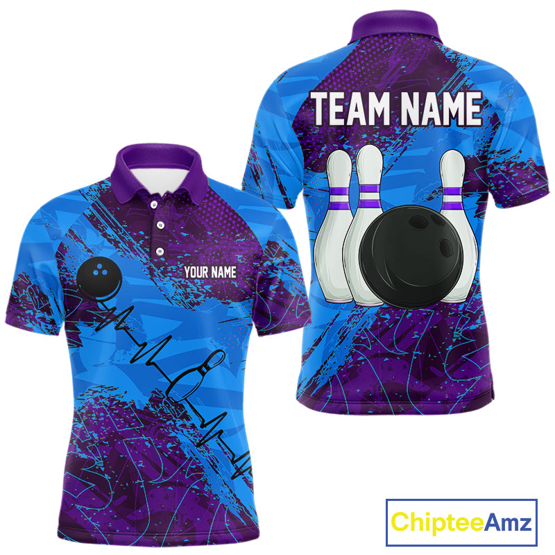 Blue and Purple Grunge Camo Heartbeat Bowling Polo, 1/4 Zip Shirt For Men Custom Bowling Team Jersey NQS10040
