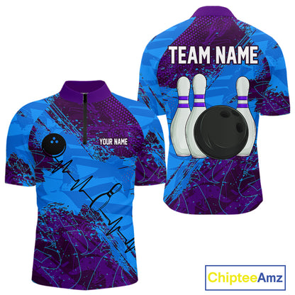 Blue and Purple Grunge Camo Heartbeat Bowling Polo, 1/4 Zip Shirt For Men Custom Bowling Team Jersey NQS10040