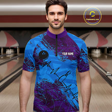 Load image into Gallery viewer, Blue and Purple Grunge Camo Heartbeat Bowling Polo, 1/4 Zip Shirt For Men Custom Bowling Team Jersey NQS10040