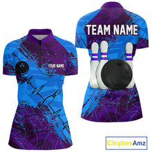 Load image into Gallery viewer, Blue and Purple Grunge Camo Heartbeat Women Bowling Polo, 1/4 Zip Shirt Custom Bowling Team Jersey NQS10040