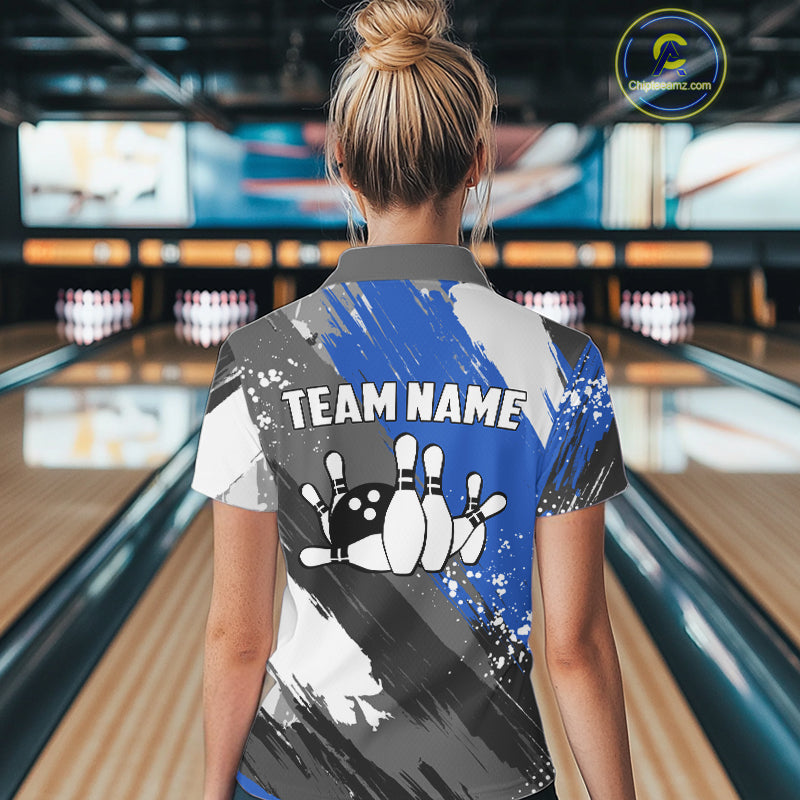 Blue Grunge pattern Bowling Team Shirt For Women Custom Bowling jersey Uniform Bowler Outfits NQS10041