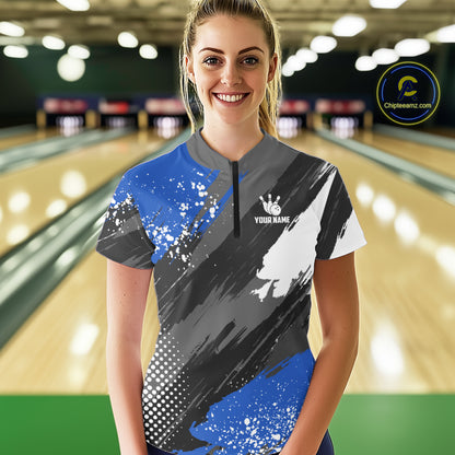 Blue Grunge pattern Bowling Team Shirt For Women Custom Bowling jersey Uniform Bowler Outfits NQS10041