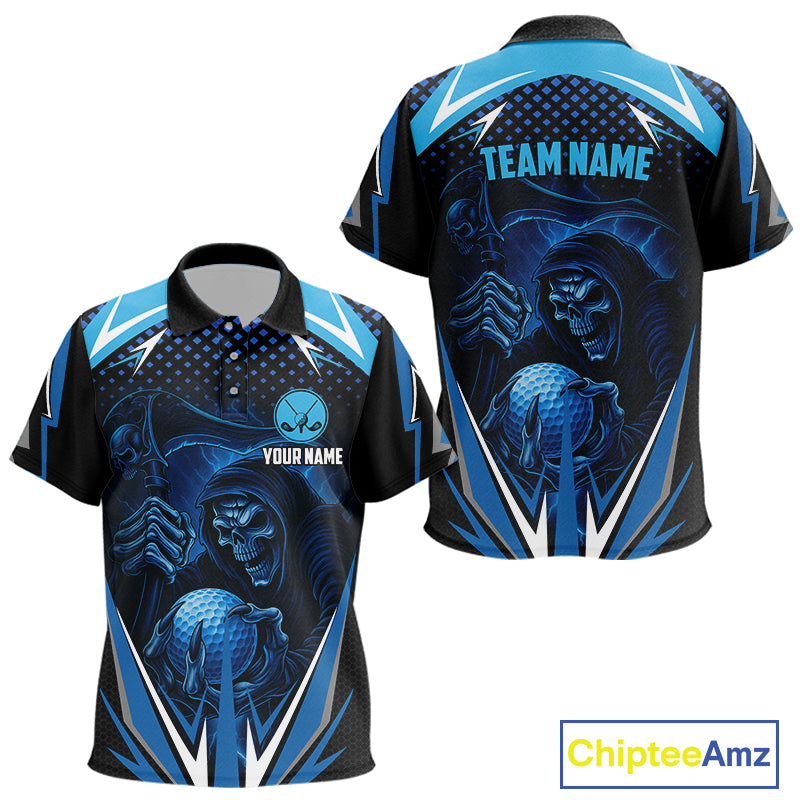Kid golf polo shirts custom Blue Lightning reaper skull Golf team golf jersey, Kid golf attire NQS10206