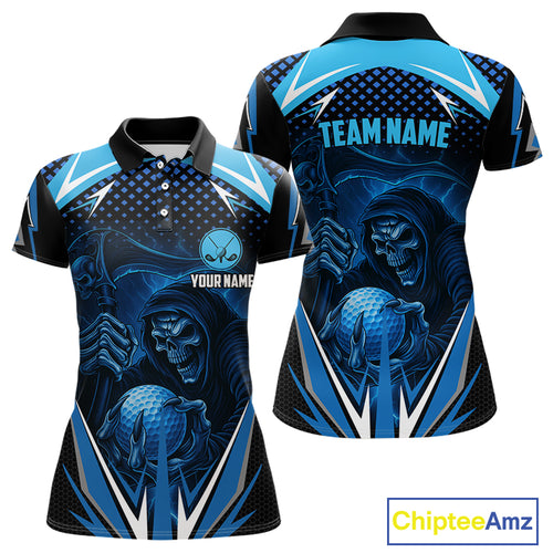 Women golf polo shirts custom Blue Lightning reaper skull Golf team golf jersey, ladies golf attire NQS10206