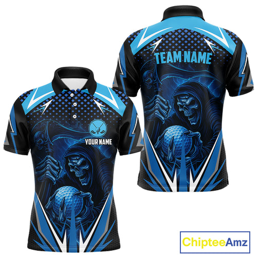Mens golf polo shirts custom Blue Lightning reaper skull Golf team golf jersey, mens golf attire NQS10206