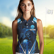 Load image into Gallery viewer, Women sleeveless golf polo shirt custom Blue Lightning reaper skull Golf team jersey golf attire NQS10206