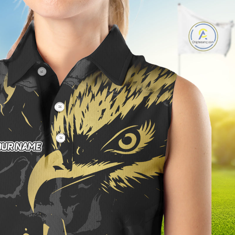 Black & Gold Eagle sleeveless golf polo shirts custom Women's golf team shirt, personalized golf gift NQS10208