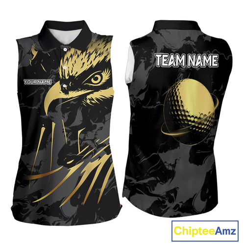 Black & Gold Eagle sleeveless golf polo shirts custom Women's golf team shirt, personalized golf gift NQS10208