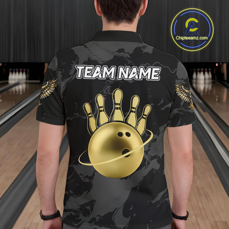 Black and Gold Eagle Bowling Polo, Quarter Zip Shirts For Men custom Bowling league outfits NQS10209