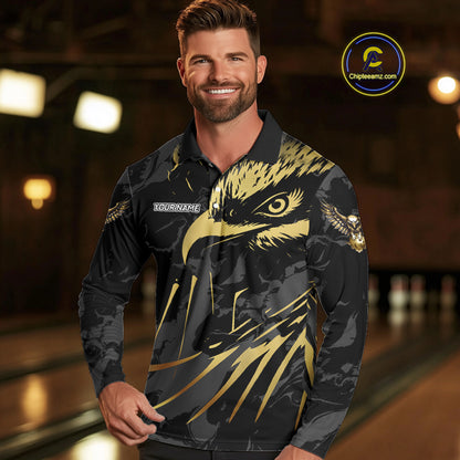 Black and Gold Eagle Bowling Polo, Quarter Zip Shirts For Men custom Bowling league outfits NQS10209