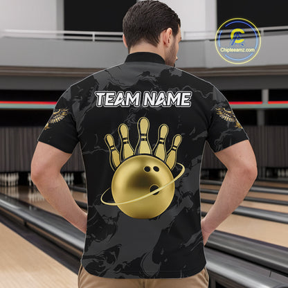 Black and Gold Eagle Bowling Polo, Quarter Zip Shirts For Men custom Bowling league outfits NQS10209