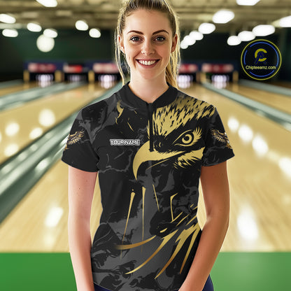 Black and Gold Eagle Bowling Polo, Quarter Zip Shirts For Women custom Bowling league outfits NQS10209