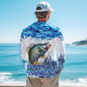 Crappie fishing Blue ocean camo Custom UV protection fishing long sleeve shirt, Crappie Fishing jersey NQS8172