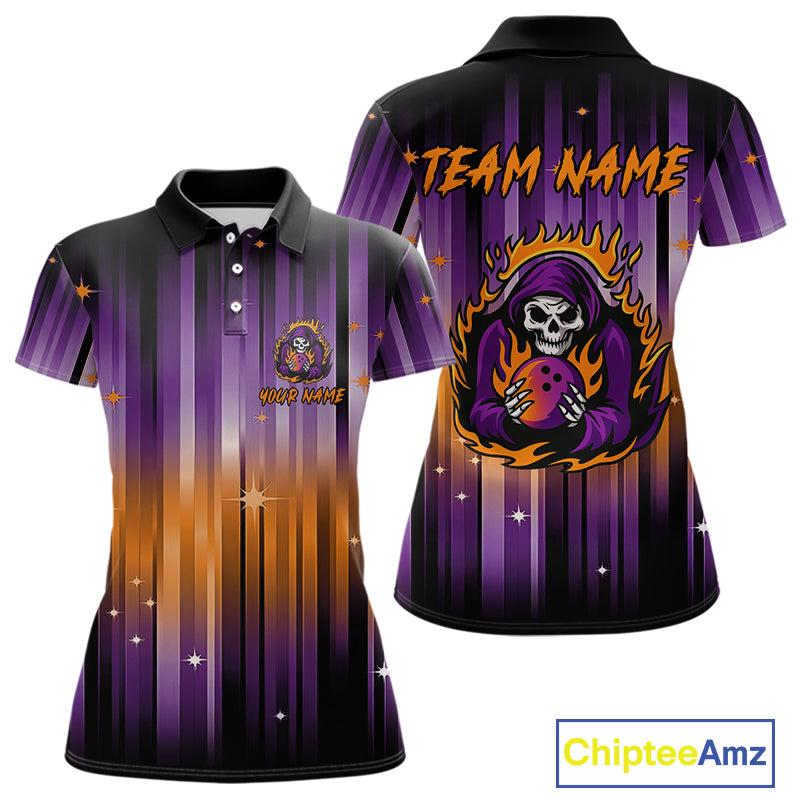 Custom Orange and Purple Flame Skull Halloween Bowling Shirt for Women, Halloween Bowling Team Jersey NQS10358