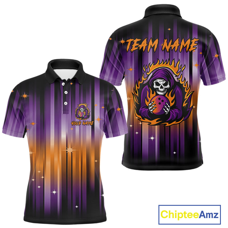 Custom Orange and Purple Flame Skull Halloween Bowling Shirts for Men, Halloween Bowling Team Jersey NQS10358
