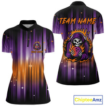 Load image into Gallery viewer, Custom Orange and Purple Flame Skull Halloween Bowling Shirt for Women, Halloween Bowling Team Jersey NQS10358