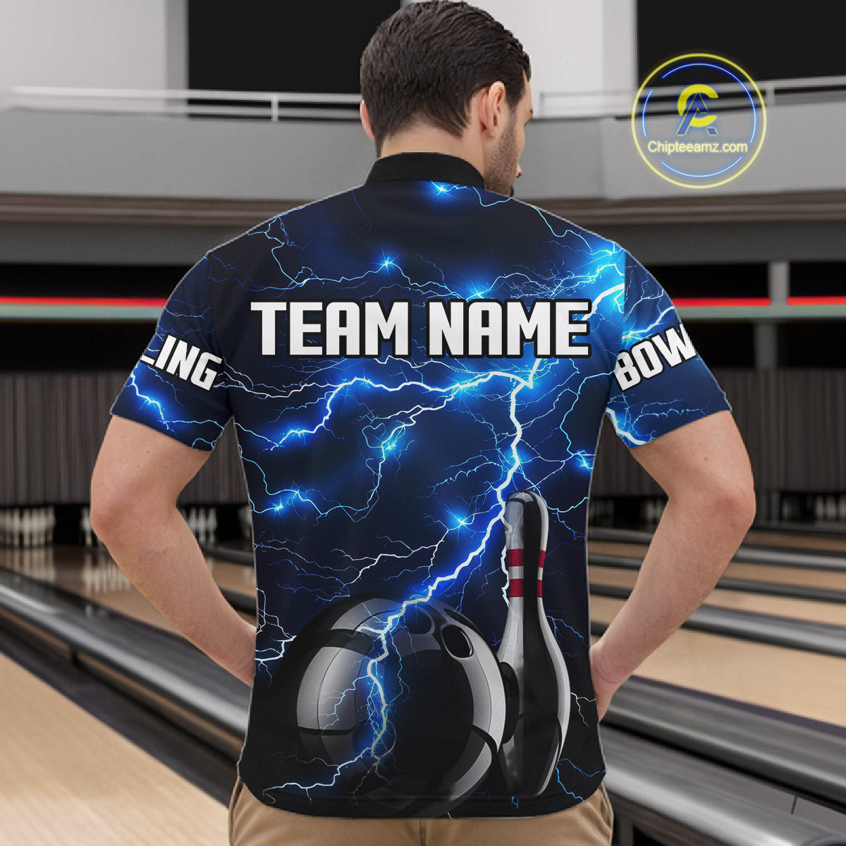 Blue Lightning Thunder Black Bowling Polo, Quarter zip Shirt for men custom storm bowling team jerseys NQS8386