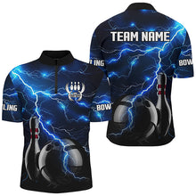 Load image into Gallery viewer, Blue Lightning Thunder Black Bowling Polo, Quarter zip Shirt for men custom storm bowling team jerseys NQS8386