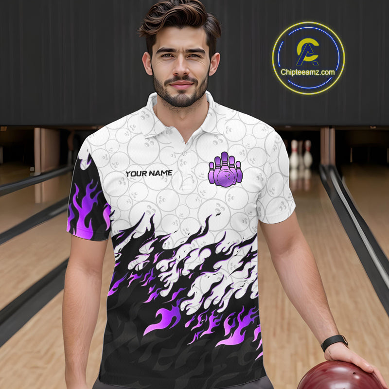 Black and White Camo Bowling Shirts For Men Custom Bowling Team League Jerseys | Purple NQS10562