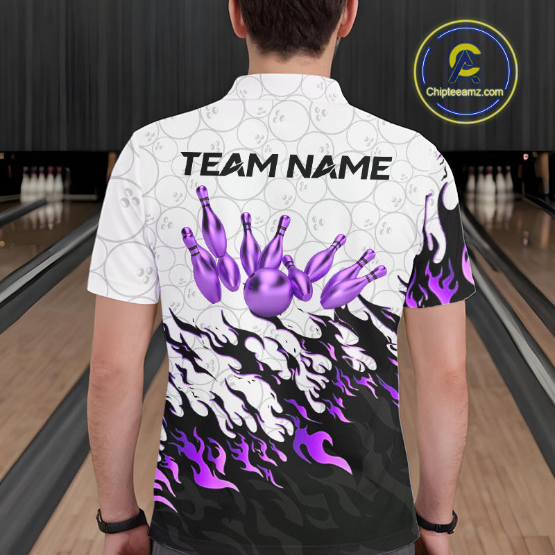 Black and White Camo Bowling Shirts For Men Custom Bowling Team League Jerseys | Purple NQS10562