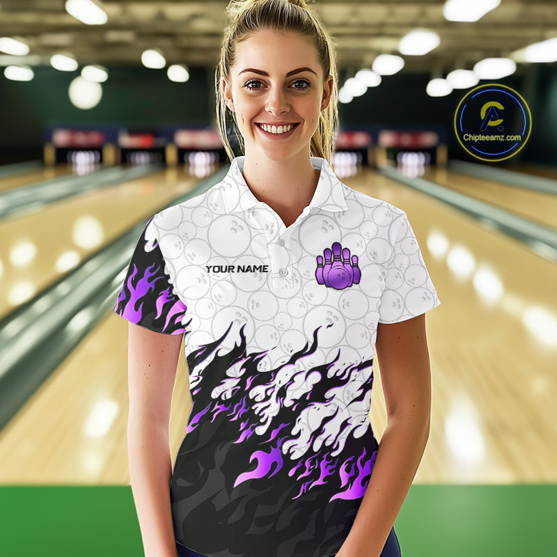 Black and White Camo Bowling Shirts For Women Custom Bowling Team League Jerseys | Purple NQS10562