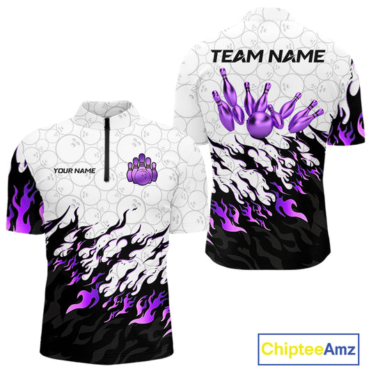 Black and White Camo Bowling Shirts For Men Custom Bowling Team League Jerseys | Purple NQS10562