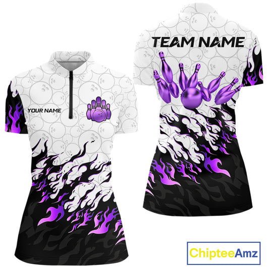 Black and White Camo Bowling Shirts For Women Custom Bowling Team League Jerseys | Purple NQS10562