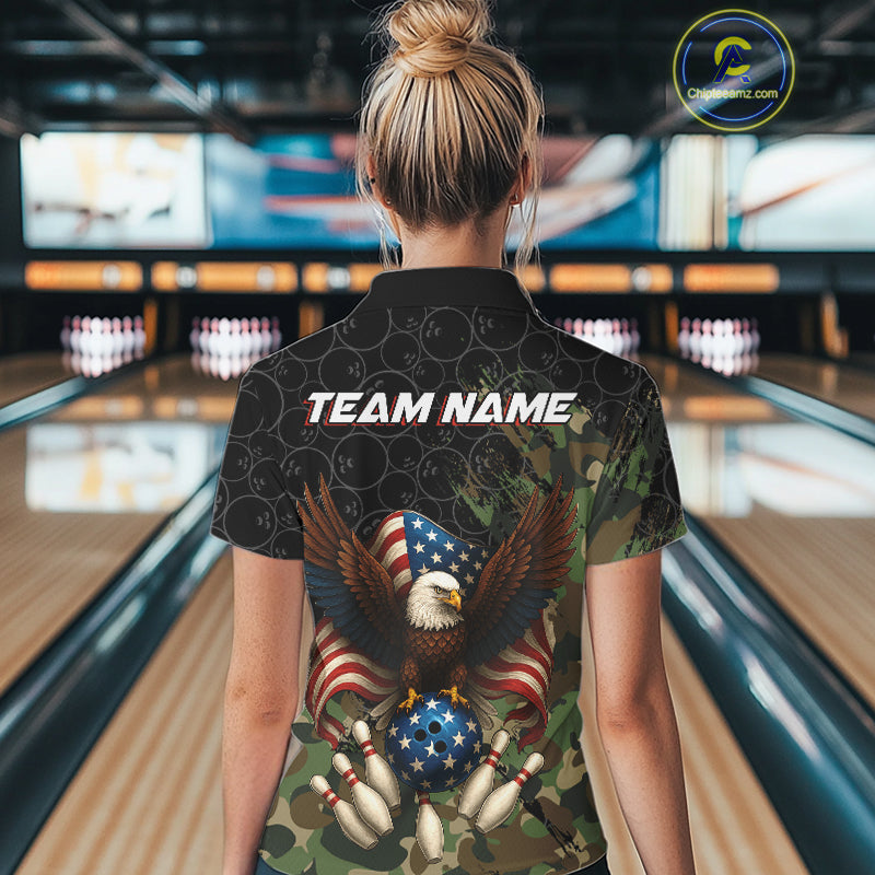 Black and Green Camo American Flag Eagle Bowling Shirt For Women Custom Patriotic Team Bowling Jersey NQS10573