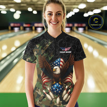 Load image into Gallery viewer, Black and Green Camo American Flag Eagle Bowling Shirt For Women Custom Patriotic Team Bowling Jersey NQS10573