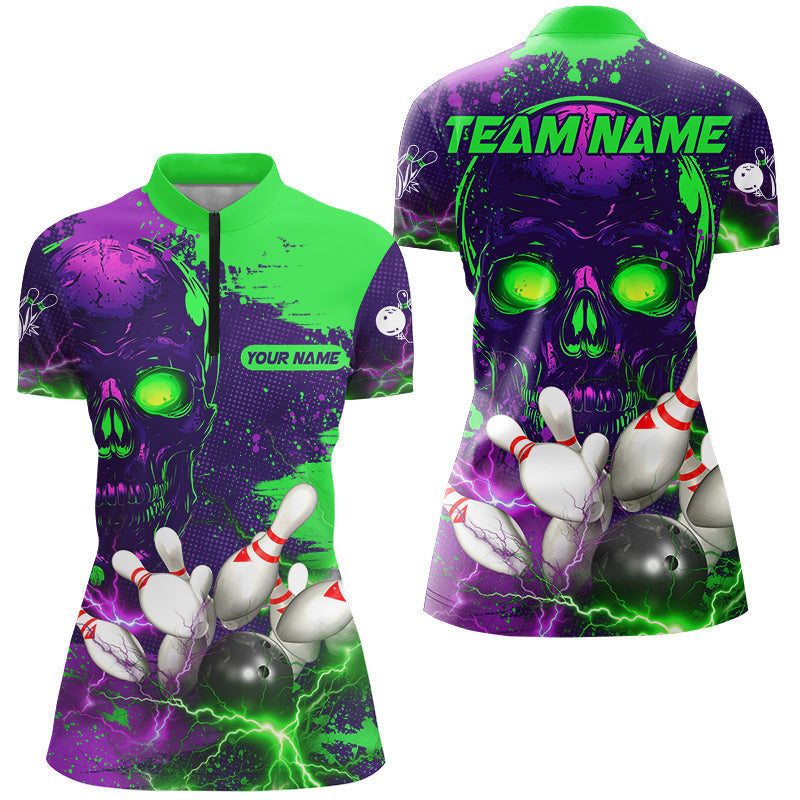 Purple and Green Lightning Thunder Storm Skull Bowling Shirts For Women Custom Bowling Team Jerseys NQS8598