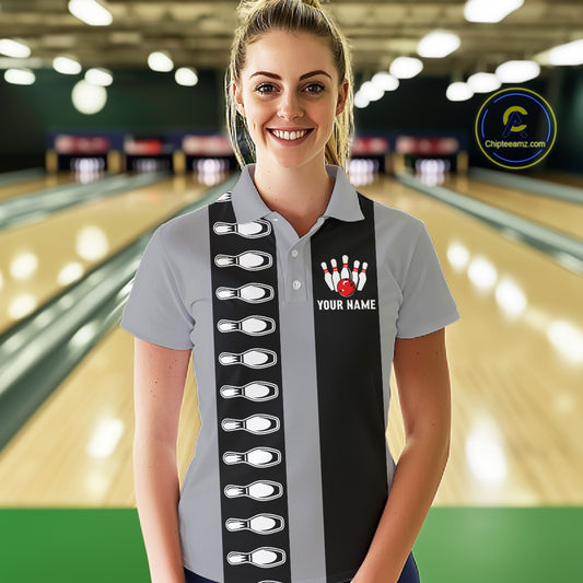 Black and Gray Retro Bowling Polo, Quarter Zip Shirts For Women Custom Vintage Bowling Team Jerseys NQS11156