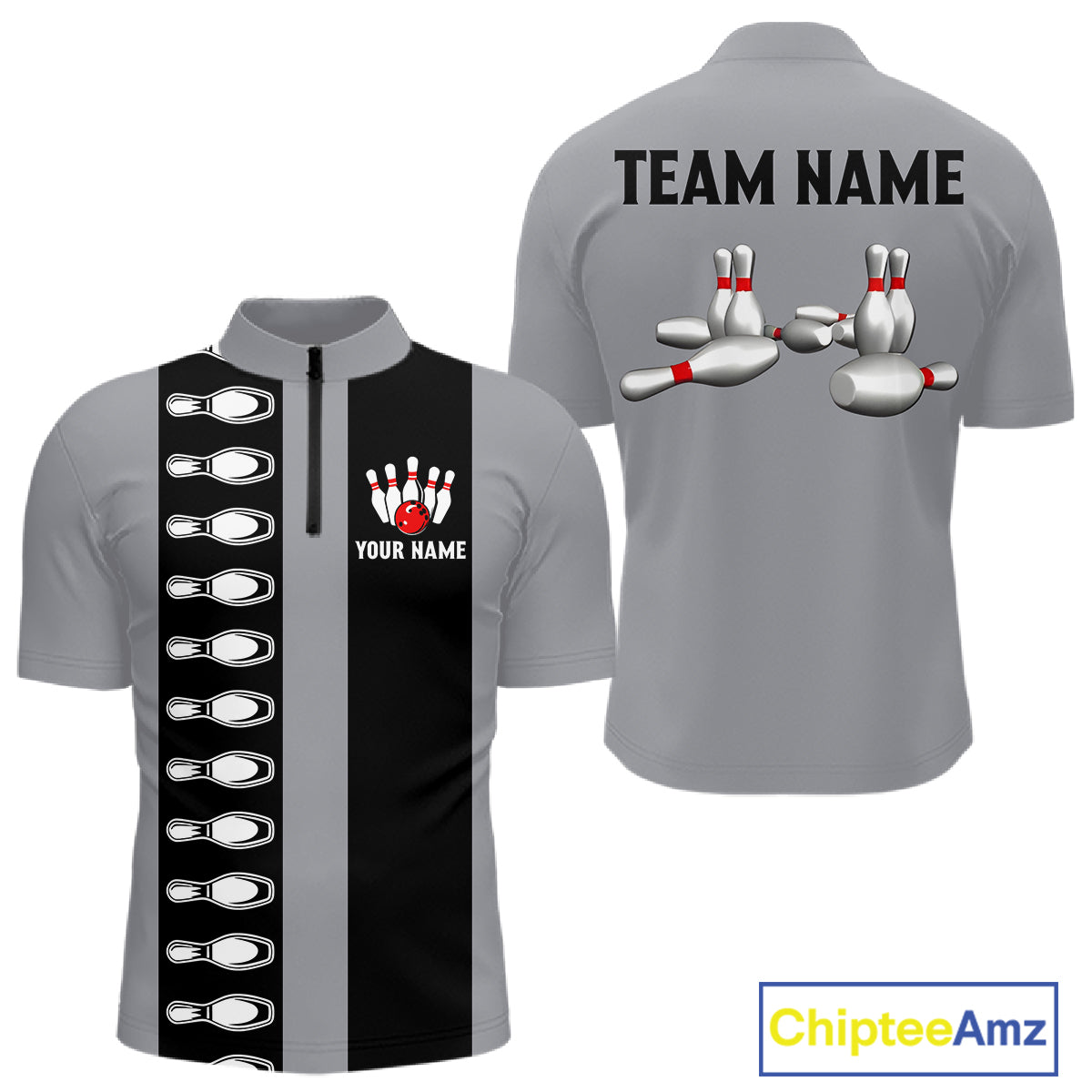 Black and Gray Retro Bowling Polo, Quarter Zip Shirts For Men Custom Vintage Bowling Team Jerseys NQS11156