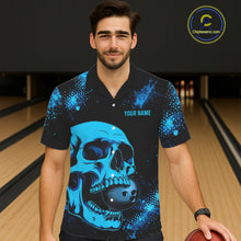 Load image into Gallery viewer, Black and Blue Skull bowling Hawaiian shirts Custom Skull team bowling uniforms, bowling outfit NQS11573