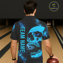 Load image into Gallery viewer, Black and Blue Skull bowling Hawaiian shirts Custom Skull team bowling uniforms, bowling outfit NQS11573