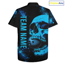 Load image into Gallery viewer, Black and Blue Skull bowling Hawaiian shirts Custom Skull team bowling uniforms, bowling outfit NQS11573